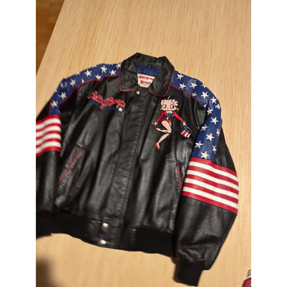 American Toons Betty Boop Leather Bomber Jacket Mens XL USA Patriotic Vintage 48